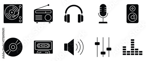 Music vector icon set. Black silhouette of turntable, radio, headphones, microphone, speaker, CD, cassette, volume, mixer sliders, and equalizer. Audio and media symbols for apps, web or studio design
