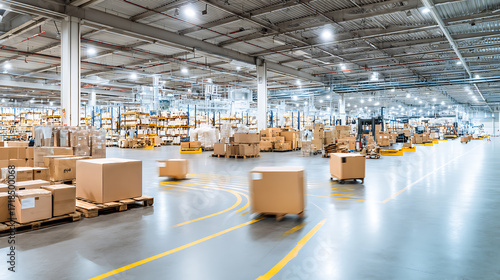 Large industrial warehouse interior with stacked boxes, pallets, and forklifts on a polished concrete floor