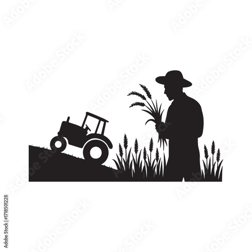 Agricultural scene with farmer holding wheat near tractor silhouette in rural landscape promoting sustainable farming and organic food production