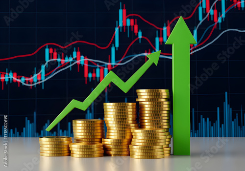 Stacks of gold coins with a green upward arrow overlaying a stock market chart, symbolizing financial growth and investment success.