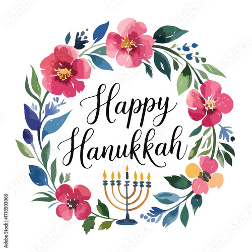 Happy hanukkah wreath with flowers and menorah isolated on white background