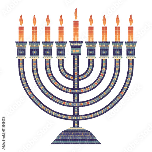 Menorah with nine burning candles isolated on white background