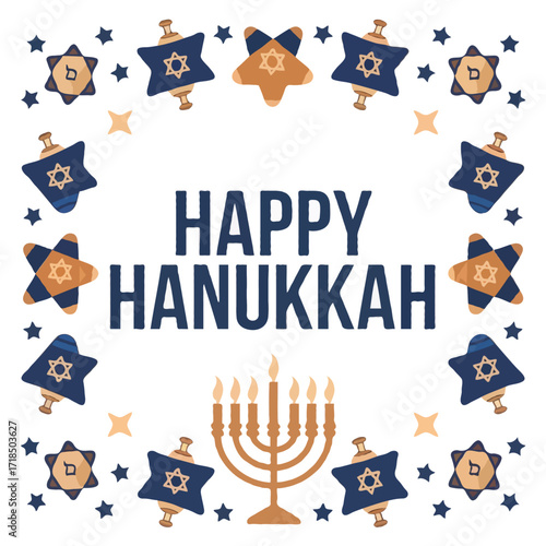 Happy hanukkah greeting card with menorah and decorations isolated on white background