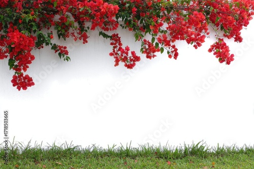 Red bougainvillea cascading down a white wall.