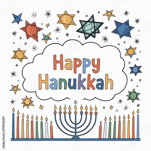 Happy hanukkah greeting card with menorah and stars isolated on white background