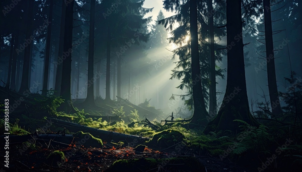 Fototapeta premium Sunlit Forest Scene with Dense Green Trees and Foggy Atmosphere with Sunbeams Through Trees in Cinematic Style