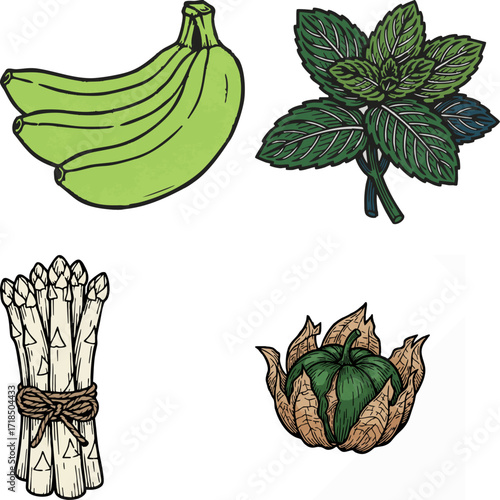 linocut print style fruits & plants