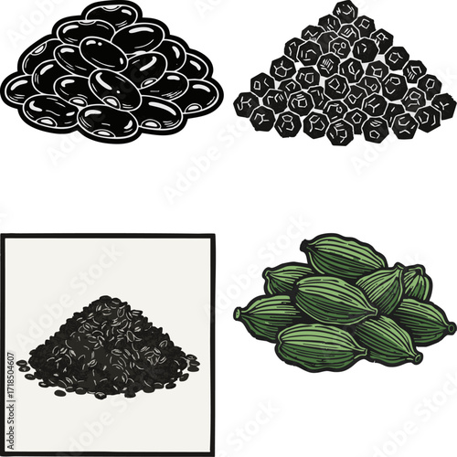 linocut print style fruits & plants