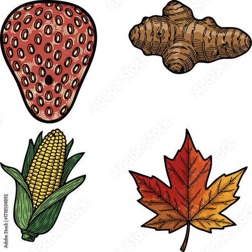 linocut print style fruits & plants