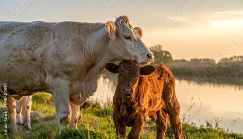 Cow and calf by river at sunset