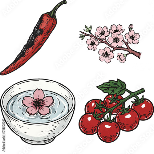 linocut print style fruits & plants