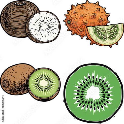 linocut print style fruits & plants