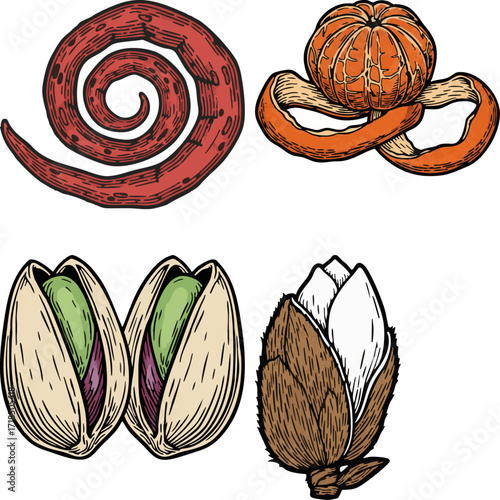 linocut print style fruits & plants