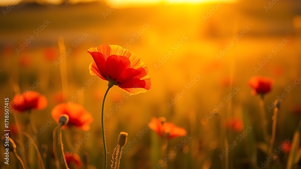 Naklejka premium Lone red poppy blooming in a golden field bathed in the soft light of sunset, evoking tranquility.