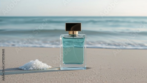 Elegant beachfront perfume bottle with serene ocean