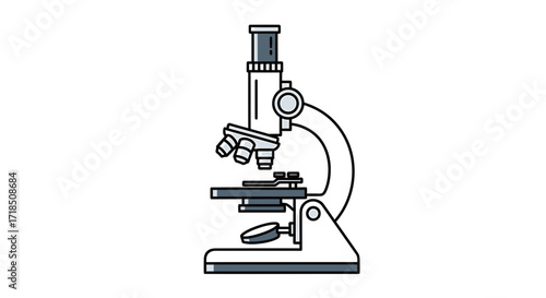 Scientific Vector SVG Illustration of a Microscope with Line Art Style Gray and White Design