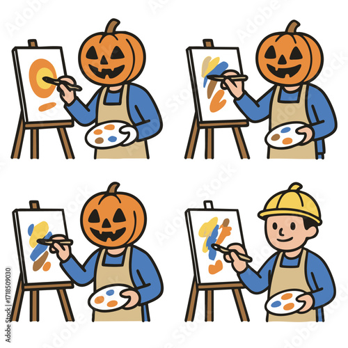 Pumpkin head painter canvas palette apron and hat cheerful art creativity