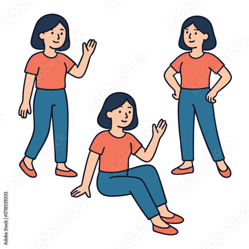 Woman cartoon standing sitting waving smiling casual blue pants red shirt illustration