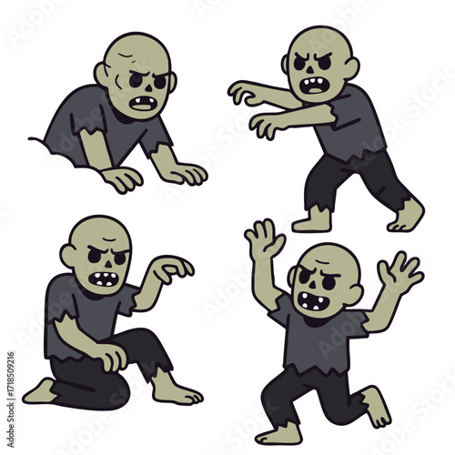 Cartoon zombie character, bald, green skin, black shirt, angry expression, various poses