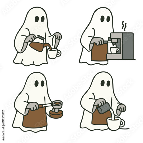 Ghost barista making coffee, using coffee machine, pouring milk, and preparing espresso