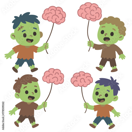 Cute cartoon zombie children holding brain shaped candy, happy expression, isolated white