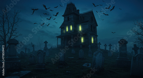 Haunted house on a hill surrounded by gravestones, glowing windows, bats flying in the night sky, creepy atmosphere 