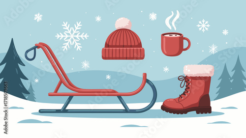 Winter Scene Illustration: Sled Hat, Cup, and Boots Against Snowfall Background