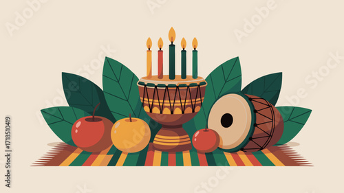 Kwanzaa Celebration Illustration: Colorful Vector Elements of Kinara Drum and Fruit