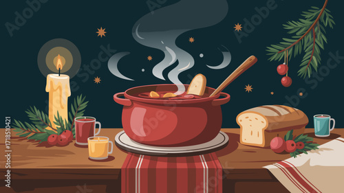 Cozy scene with soup pot bread candle tea cups and festive ornamentation