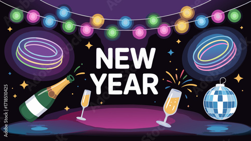 Festive New Year's Eve Celebration with Sparkling Champagne and Disco Ball Abstract Illustration