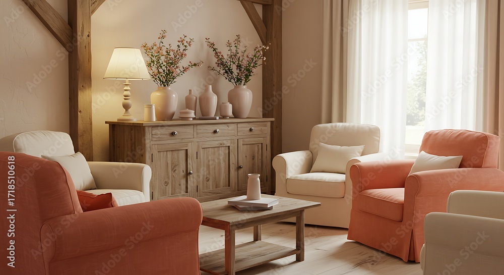 Obraz premium Cozy Living Room with Beige and Coral Armchairs and Wooden Sideboard in Bright Natural Light