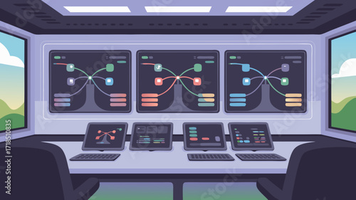 Control room illustration with screens displaying data analysis and diagrams