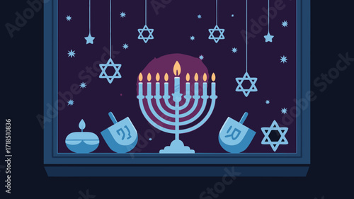 Hanukkah Illustration: Menorah, Dreidels, Stars of David in Evening Window Scene