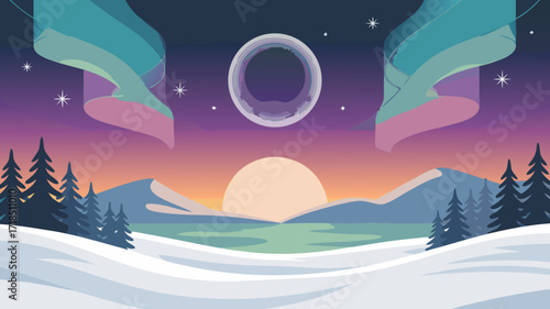 Abstract vector art of a winter landscape with aurora borealis night scene