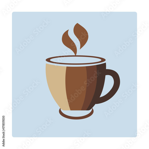 Hot coffee Cup Vector art of a steaming cup of coffee in a brown mug with a light blue background, representing a warm beverage and morning routine