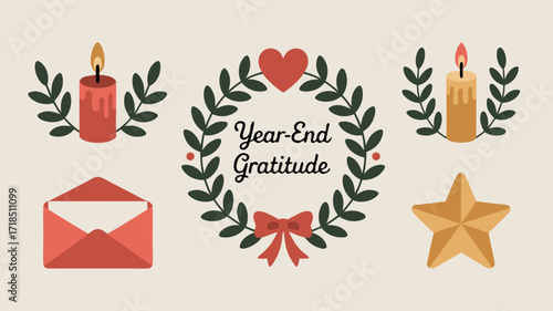 Year-End Gratitude Design with Candles, Wreath, Envelope and Star on cream background