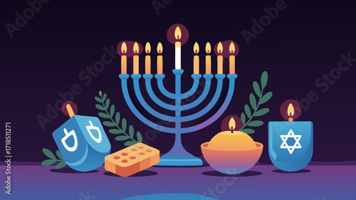 Hanukkah Illustration: Menorah, Candles, Dreidels, Traditional Holiday Symbols