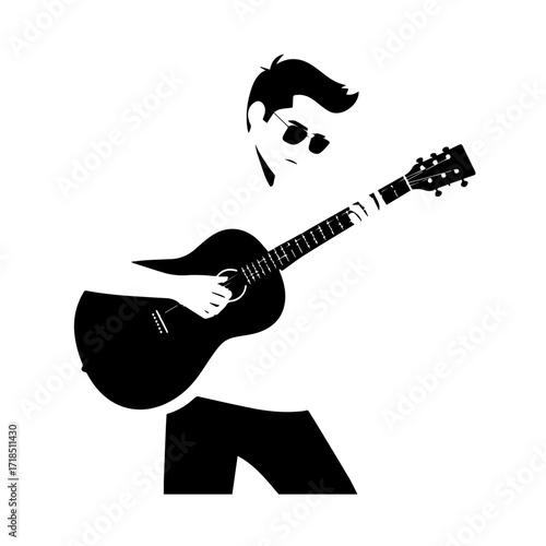 Black and white line art of a cool man playing guitar in casual outfit minimalist stylish illustration