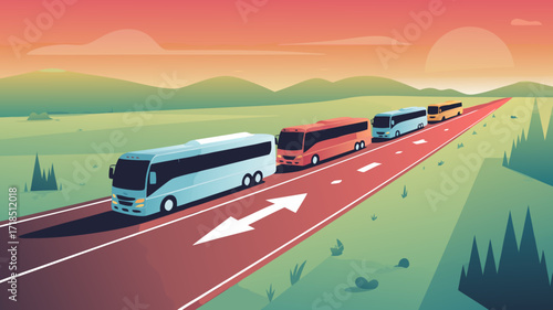 Bus convoy on scenic highway trip vector illustration with beautiful gradient sky