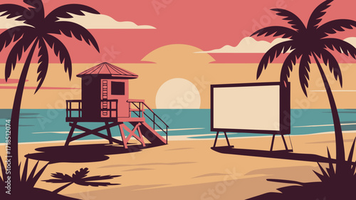 Retro beach sunset with lifeguard station, blank sign, and palm trees illustration design