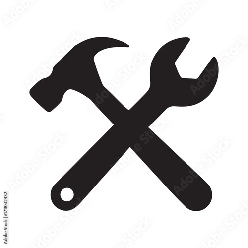 Crossed Hammer and Wrench Symbol for Construction Repair and Maintenance Illustrating Tools Equipment and Hardware for Building Home Improvement and DIY Projects with a Clean Minimalist Design