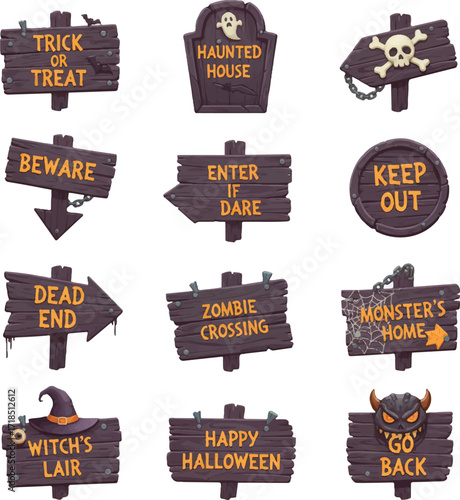Halloween Wooden Signs Vector Set – Spooky Warning & Trick-or-Treat Labels