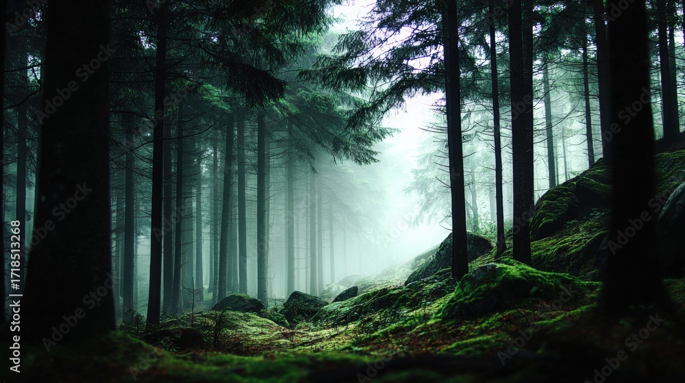 Obraz premium Mystical Forest Landscape with Lush Green Moss and Dense Tree Canopy, Evoking Tranquility