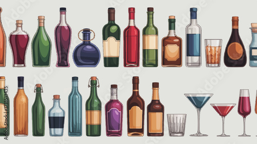 A detailed illustration of a barware and liquor collection arranged in three horizontal rows against a white background 

