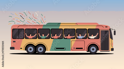 Joyful bus ride illustration with travelers waving and colorful confetti on a sky background