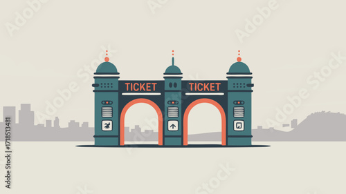 Minimalist Illustration of a Ticket Entrance Gate with Skyline and Mountain Scenery