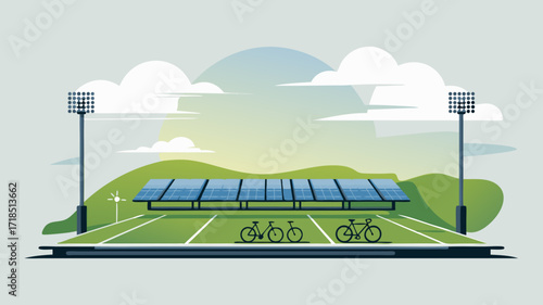 Eco-friendly Stadium with Solar Panels Energy Illustration and Bicycle Parking