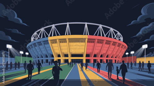 Colorful Stadium Illustration: Evening Scene with Spectator Silhouettes and Floodlights