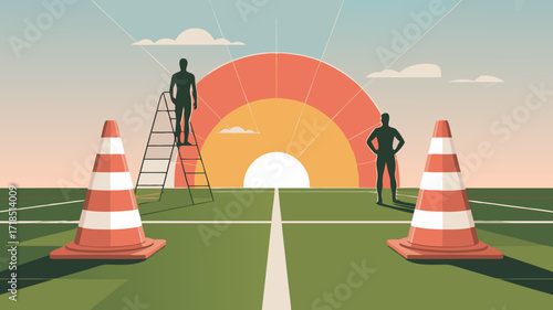 Abstract illustration of progress and achievement with road cones, and figures at sunset