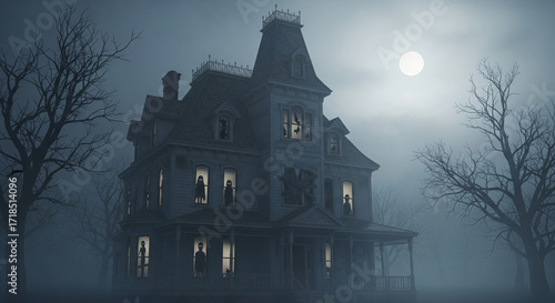 Haunted Victorian house surrounded by fog, dimly lit by moonlight, eerie shadowy figures in the windows
